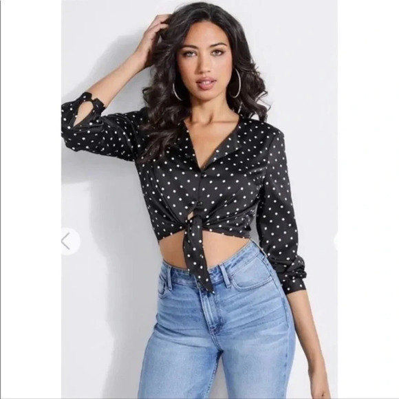 Guess Polka Dotted Cropped Tie Front Blouse - Small - Picture 2 of 6